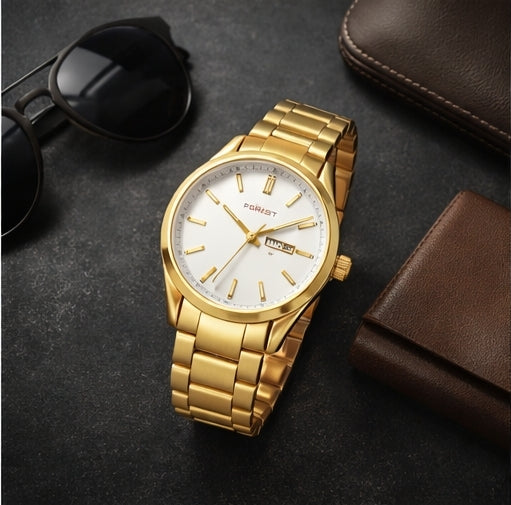 Luxury Gold Stainless Steel Men’s Watch with Day & Date Display