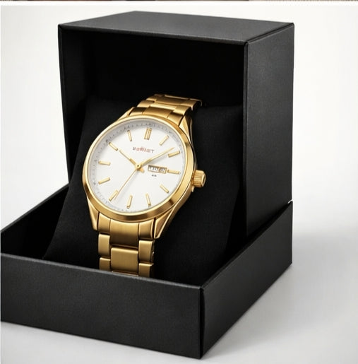 Luxury Gold Stainless Steel Men’s Watch with Day & Date Display