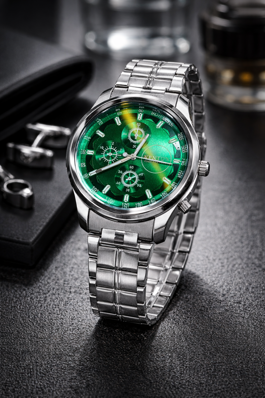 Men’s Premium Chronograph Watch with Green Dial & Steel Strap