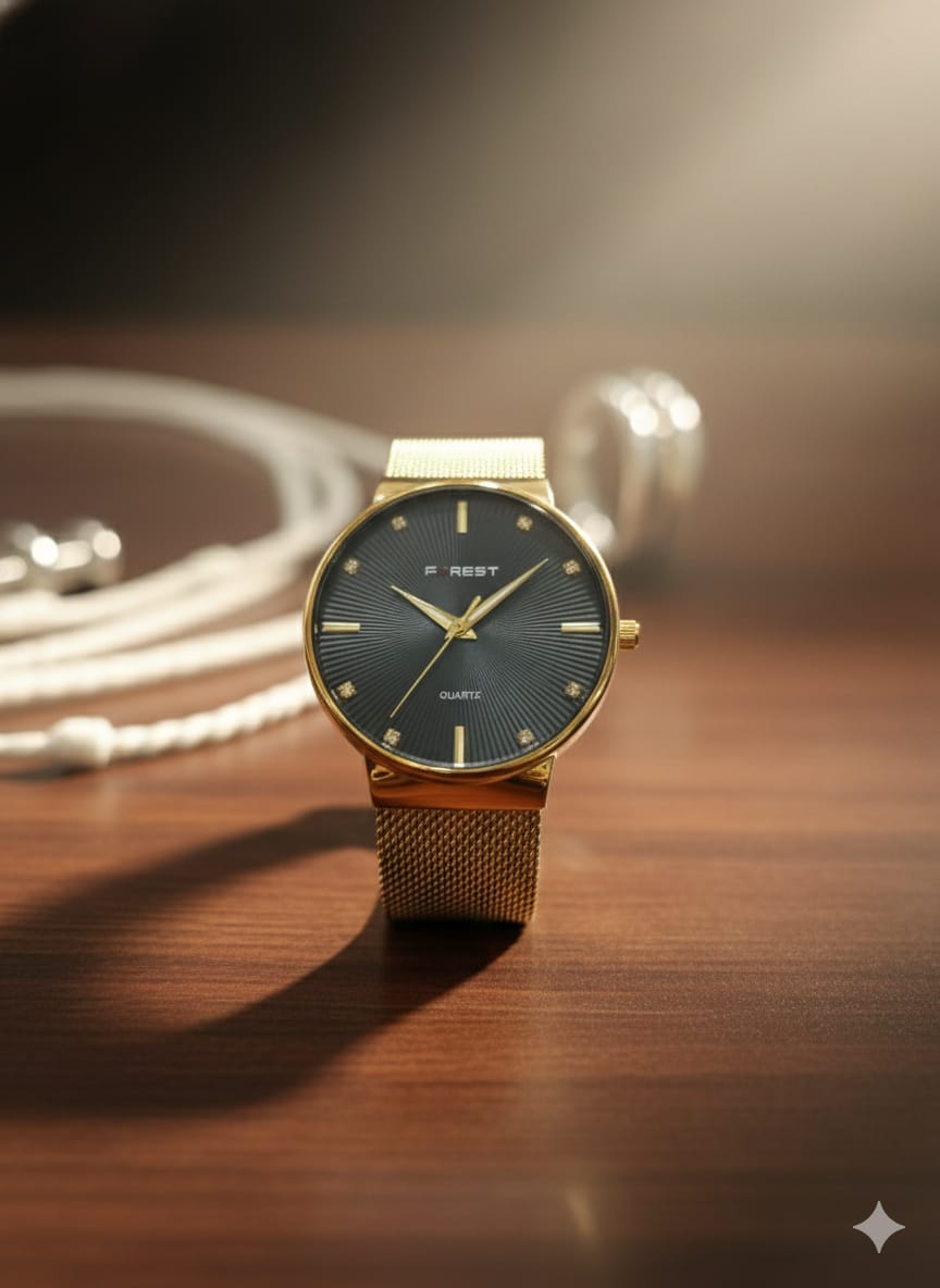 A gold-tone quartz wristwatch branded “FOREST”.