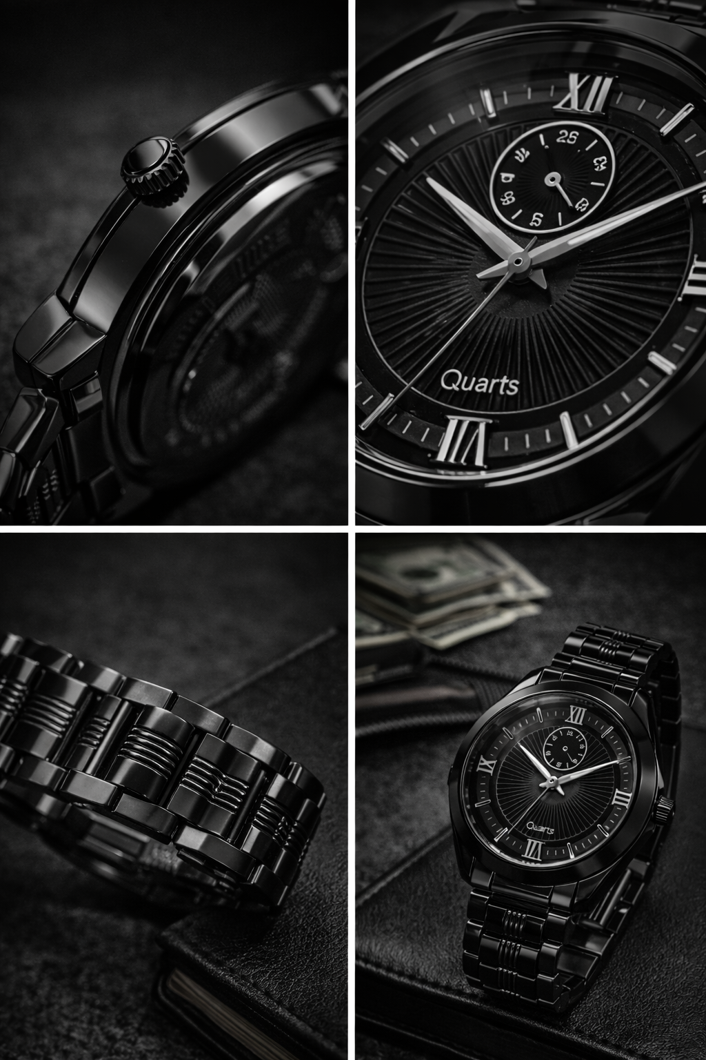 Classic Black Roman Dial Quartz Watch with Stainless Steel Bracelet