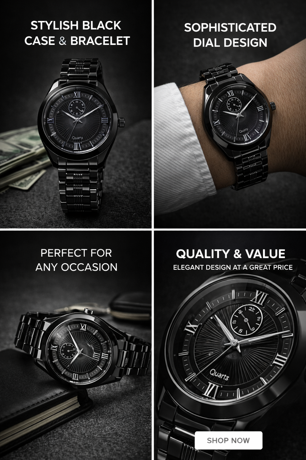 Classic Black Roman Dial Quartz Watch with Stainless Steel Bracelet