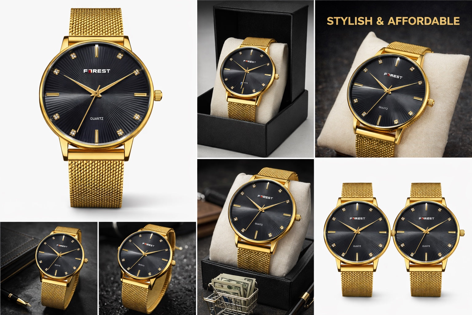 A gold-tone quartz wristwatch branded “FOREST”.