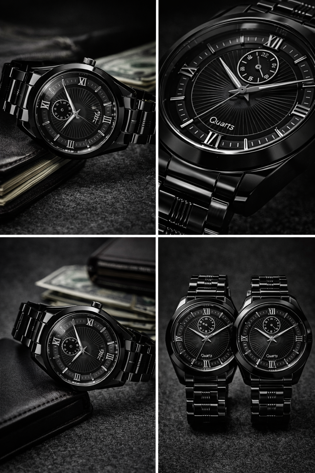 Classic Black Roman Dial Quartz Watch with Stainless Steel Bracelet