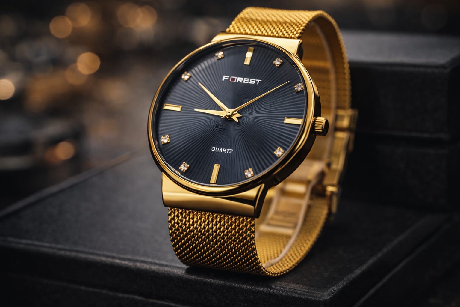A gold-tone quartz wristwatch branded “FOREST”.